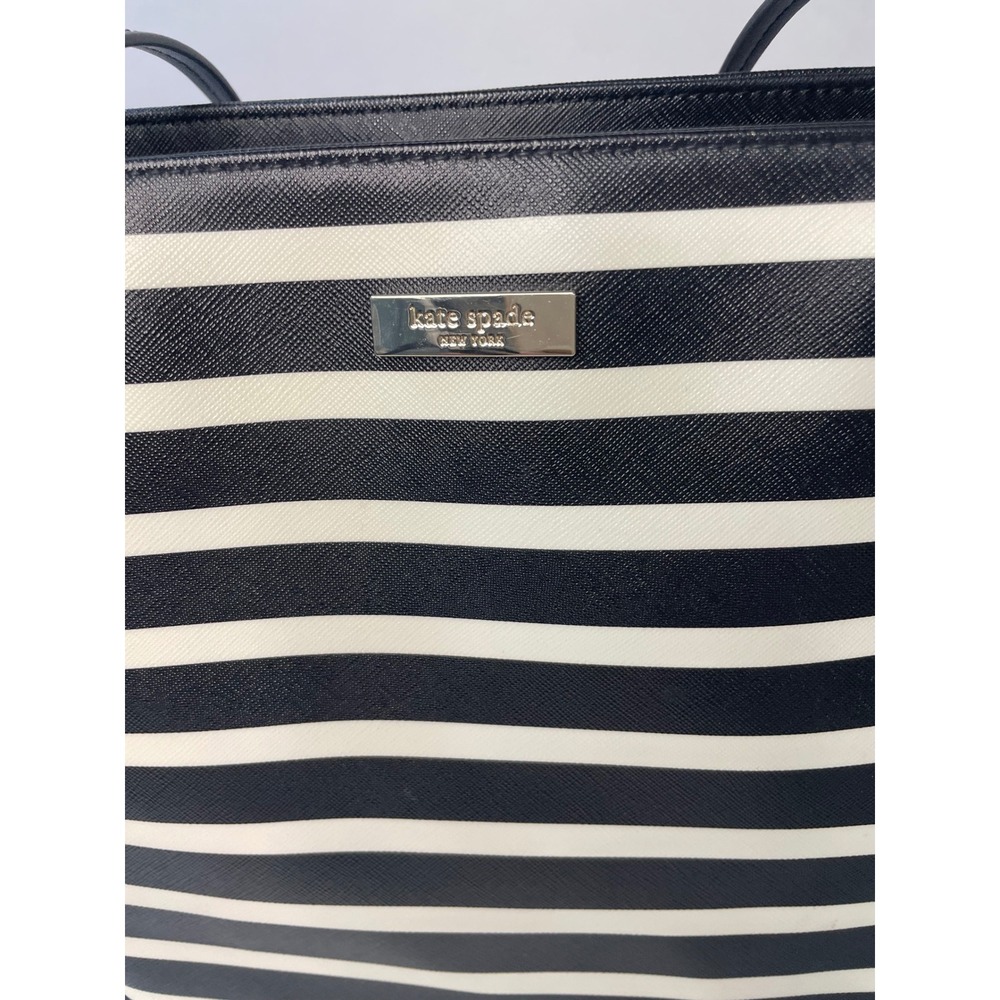 Kate Spade Tote Bag Womens Large Black White Excellent Striped Saffiano Leather - Picture 3 of 8